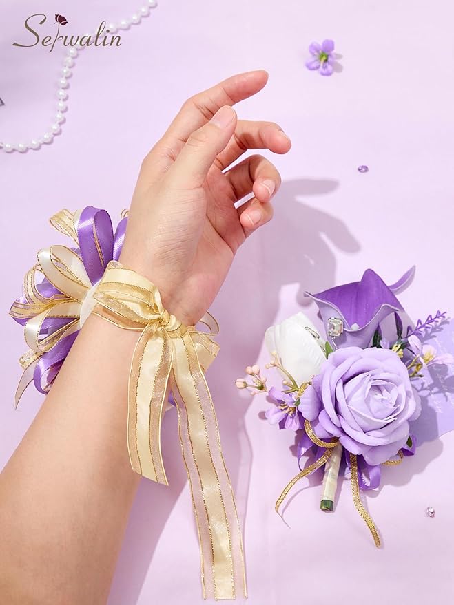 Serwalin Purple Prom Corsage and Boutonniere Set, Artificial Calla Lily Rose Wrist Corsage Wristlet for Homecoming, Formal Dance, Wedding Flowers Accessories Party Suit Decorations