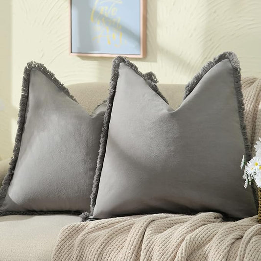 ZWJD Pillow Covers 22x22 Set of 2 Gray Throw Pillow Covers with Fringe Chic Cotton Decorative Pillows Square Cushion Covers for Sofa Couch Bed Living Room Farmhouse Boho Decor