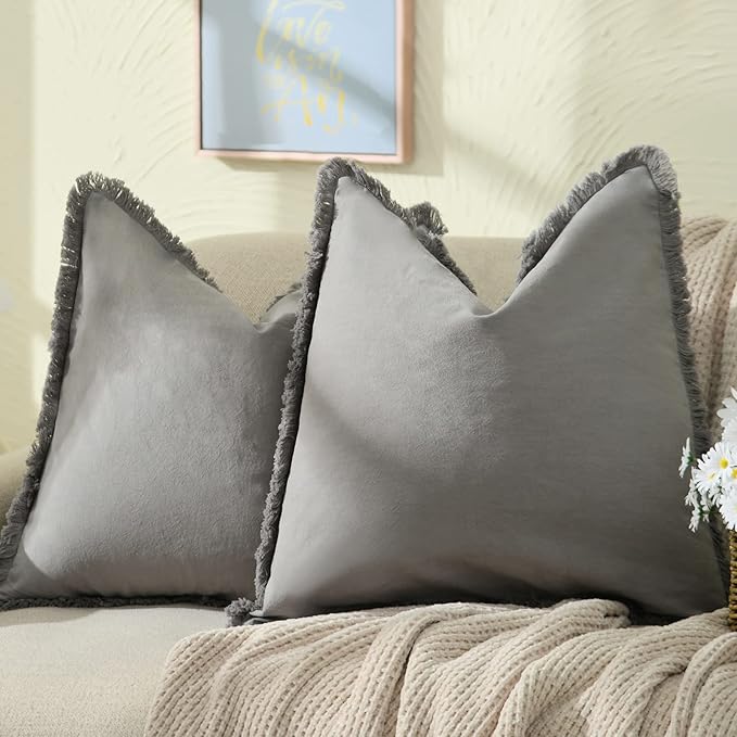 ZWJD Pillow Covers 18x18 Set of 2 Gray Throw Pillow Covers with Fringe Chic Cotton Decorative Pillows Square Cushion Covers for Sofa Couch Bed Living Room Farmhouse Boho Decor
