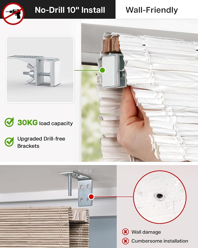 LazBlinds No Drill Cordless Roman Shades for Windows, Light Filtering Privacy Protection Thermal Insulation UV Blocking Natural Panama Weave Fabric Blinds for Windows, 23.5" W x 64" H, White