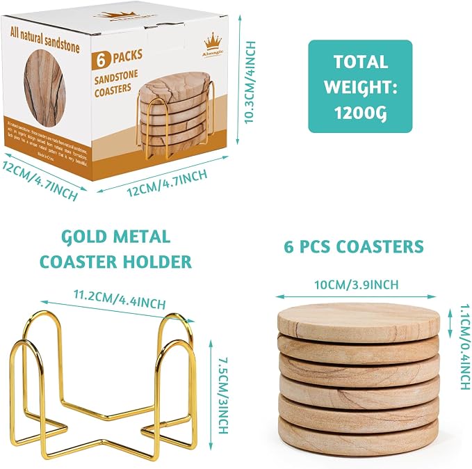Natural Sandstone Coasters Set of 6 with Holder, 4 in Dia, Round, Heat Resistant & Absorbent, for Home & Office