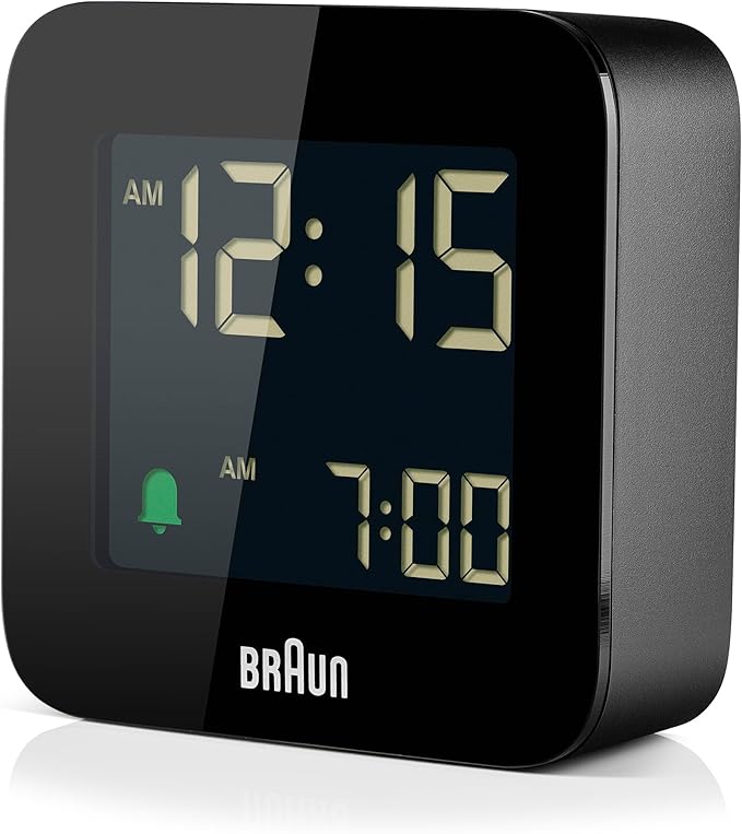 Braun Digital Travel Alarm Clock with Snooze, Compact Size, Negative LCD Display, Quick Set, Crescendo Beep Alarm in Black, Model BC08B (1-Pack)