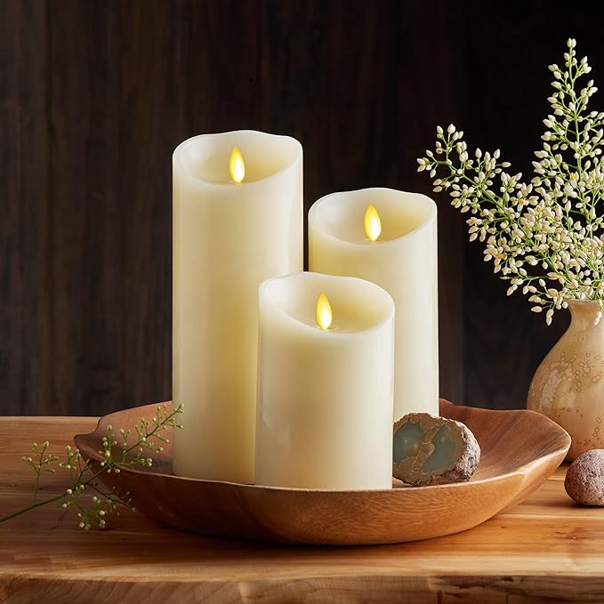 Luminara Scalloped Edge Flameless LED Candle - Ivory 3.5" x 5" - Real Wax Pillar Battery Operated Moving Flame w/Timer Unscented 1000Hr Runtime