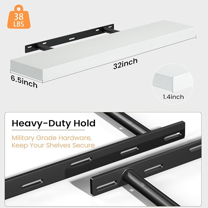 Fun Memories Floating Shelves for Wall, 32 Inch Set of 2 Rustic Wood Wall Shelves with Invisible Brackets, Heavy Duty Storage Display for Living Room Bedroom Kitchen, White