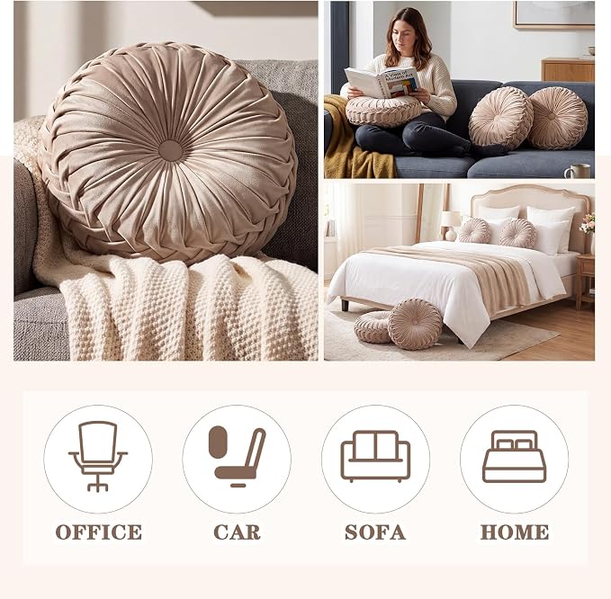 Drydiet 1 Pcs Round Throw Velvet Pillows Decorative Pleated Throw Pillows Diameter Accent Pumpkin Boho Chair Cushion for Couch Sofa Home Decoration (Greige,15'')