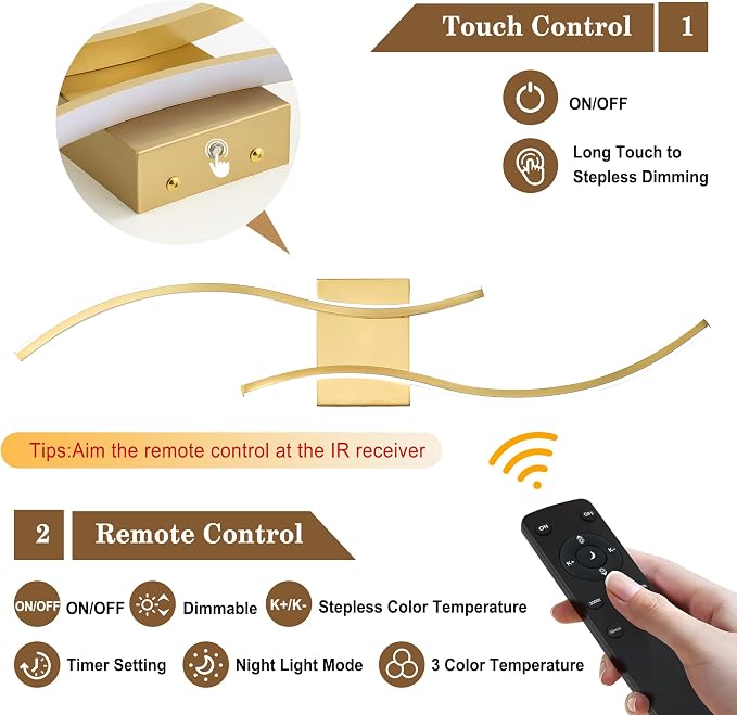 Battery Operated Wall Sconces Set of Two with Remote Control, Battery Wall Light, Stepless Colors 3000K-6000K & Dimming, Brass Rechargeable Wall Sconces for Living Room, Hallway, Bedroom, 27.5 Inch
