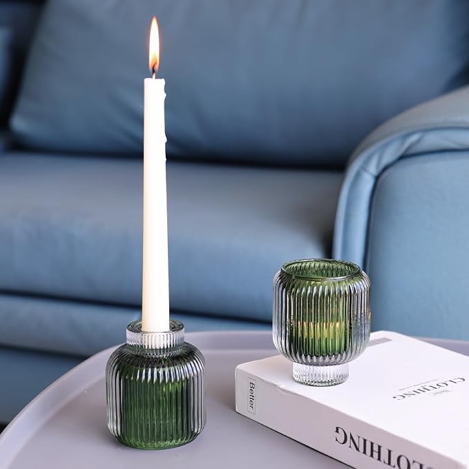 Woho Green Votive Candle Holders Set of 2(3.5" H x 3.1" W), Ribbed Tealight Candle Holder Vintage for Christmas Dinner Table, Reversible Tea Lights Candle Holder Glass for Living Room Home Decor