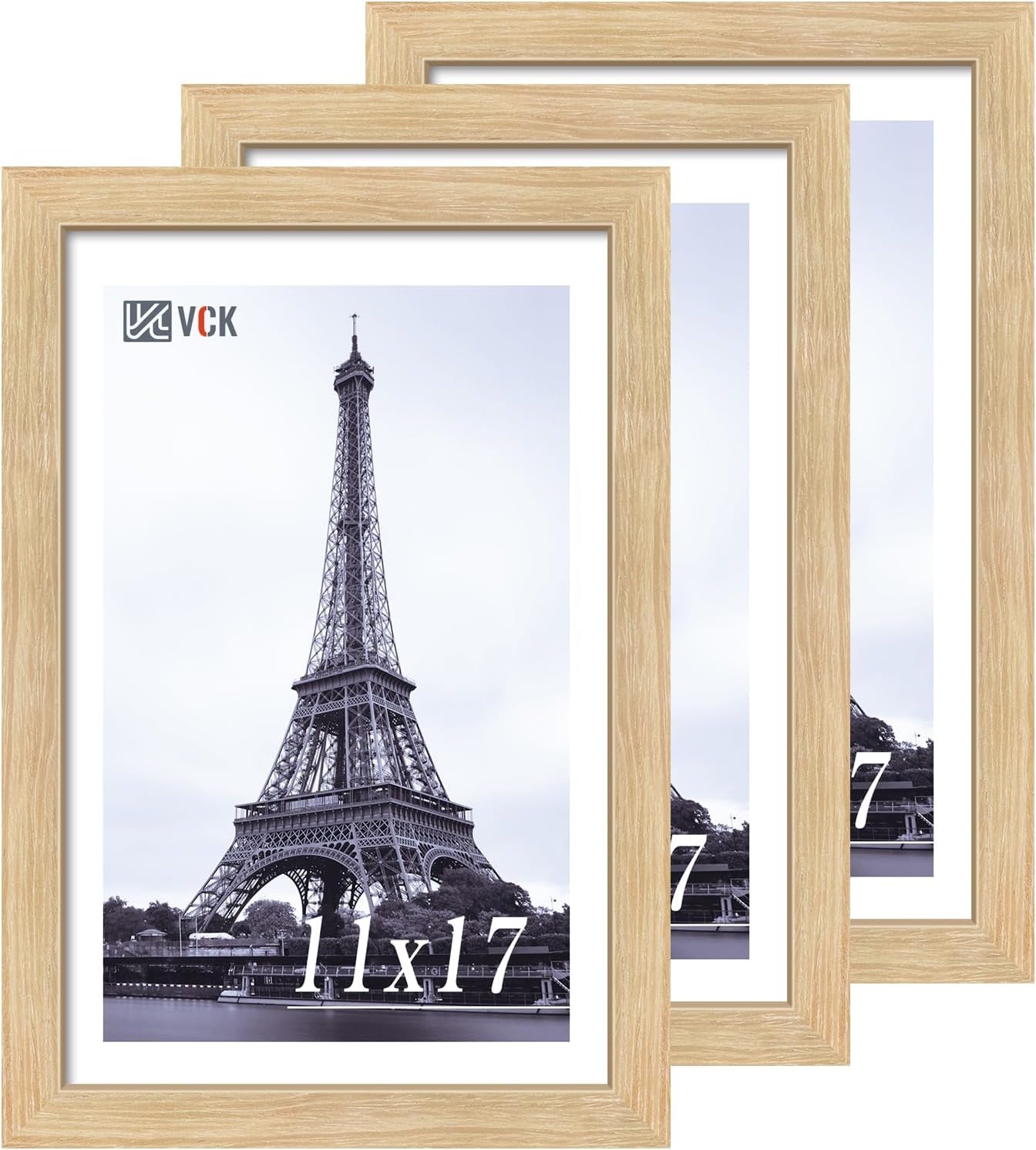 VCK 11x17 Picture Frame 3 Pack - Oak, Natural Solid Wood Poster Frames, Wall Gallery Frame