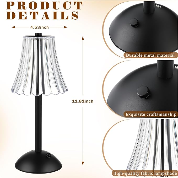 Liliful 1 Pcs Cordless Table Lamp Rechargeable Touch LED Small Gold Portable Battery Operated USB-c Desk Lamp 3 Color Dimmable for Bedroom Living Room Dining (Black,Rose Style)