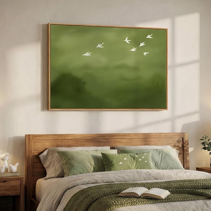 Framed Green Abstract Wall Art, Modern Minimalist Sage Green Canvas Prints Paintings for Walls, Rustic White Birds Pictures for Living Room Bedroom Dining Room Office Hallway Wall Decor, 24x36 In
