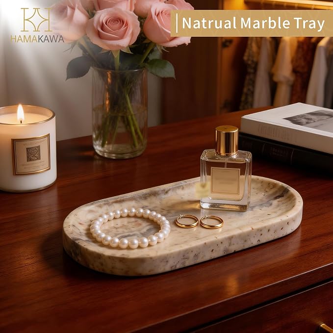 Bathroom Vanity Tray, Natural Marble Oval Tray 10 inch, Light Grey Travertine Vanity Tray for Soap Dispenser Modern Countertop Organizer for Kitchen Countertops, Home Decor
