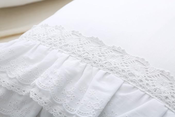2-Pack Lace Pillow Shams Cases Covers with Ruffles Bright White Egypt Cotton Standard Size 20"X26" Luxury Elegant Twin Size