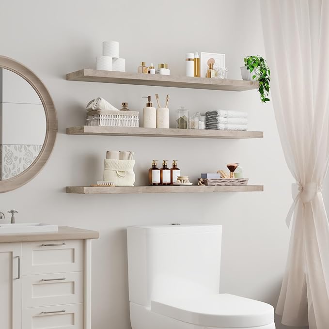 RALGEND Floating Shelves for Wall, 1.5" Thick Wall Shelf Set of 3 with Invisible Brackets, L47.2 x W7.9 Hanging Book Shelves Farmhouse Home Decor for Bathroom, Living Room, Bedroom, Greige 12301BJP3BG