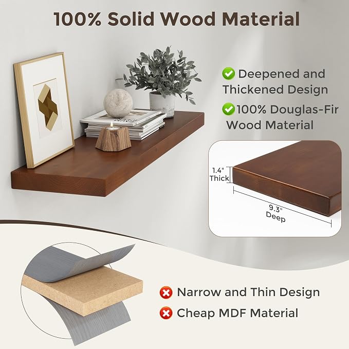 Axeman 36 Inch Floating Shelves for Wall, 9.3" Deep High End Solid Real Wood Wall Shelves with Heavy Duty Invisible Bracket for Living Room, Bedroom, Kitchen, Bathroom, Set of 2, Walnut Finish