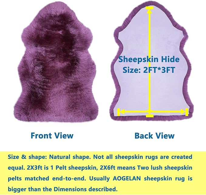 Fluffy Genuine Sheepskin Rug, Fuzzy Shaggy Fur Area Rug for Bedroom Living Room Soft Fur Wool Pray Pup Cushion Mat Carpet, Chair Sofa Seat Cover(Pansy Purple, Single Pelt/2FT*3FT)