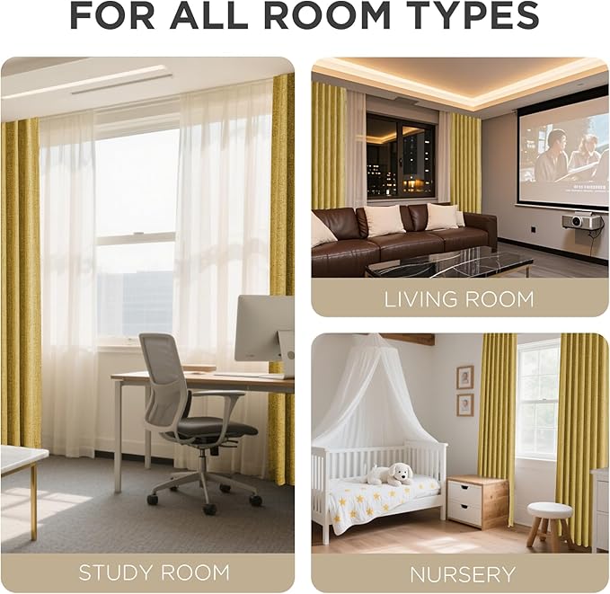 Joydeco Linen Blackout Curtains for Bedroom - 100% Light Blocking 1 Panels, Yellow Drapes 100" W x 96" L, Thermal Insulated Room Darkening Curtains for Living Room, Rod Pocket & Back Tabs