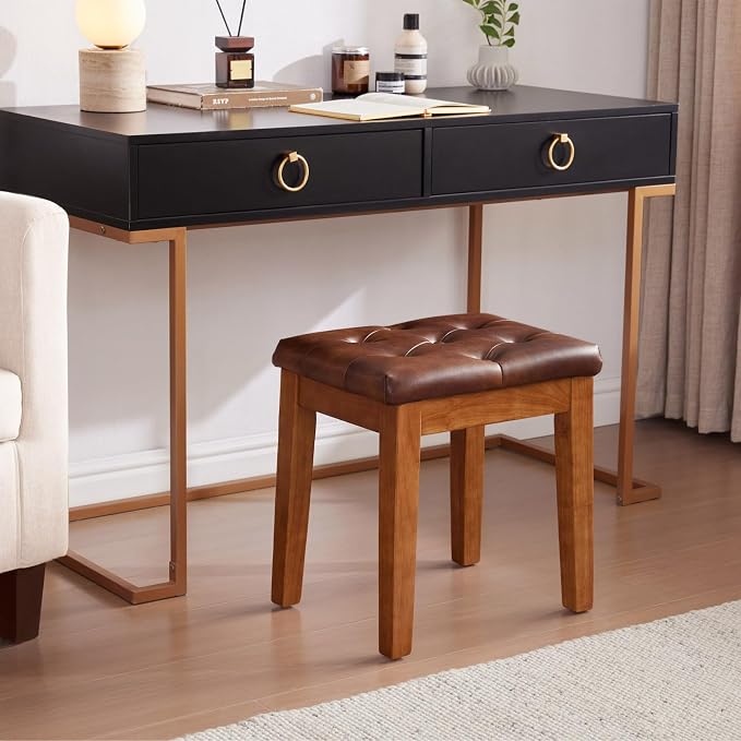 Upholstered Ottoman Stool with Padded Seat, Tufted Vanity Stool with Solid Wood Legs, Accent Stools, Faux Leather Retro Brown