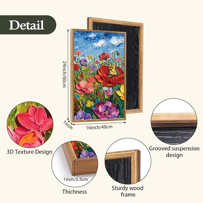 CHDITB 3D Textured Impasto Floral Poppy Framed Canvas Wall Art Set,Modern Butterfly Wildflower Country Wall Decor,Vibrant Colorful Spring Flower Art Prints for Living Room Bedroom Farmhouse 16"x24"x3