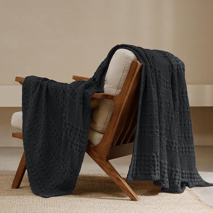 PHF 100% Cotton Waffle Throw Blanket for Couch, Lightweight Breathable and Soft for Summer, Luxury Aesthetic Waffle Weave Blanket for Home Decor & Office, Gifts for Women, 50"x60", Black