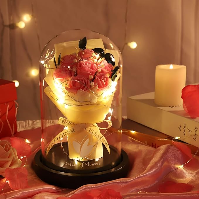 Beauty and The Beast Rose,Lasts Forever Pink Roses,Light Up Rose in Glass Dome,Gifts for Women,Birthday Gifts for Mom,Wife,Grandma,Anniversary,Mothers,Thanksgiving,Christmas Flowers Gifts