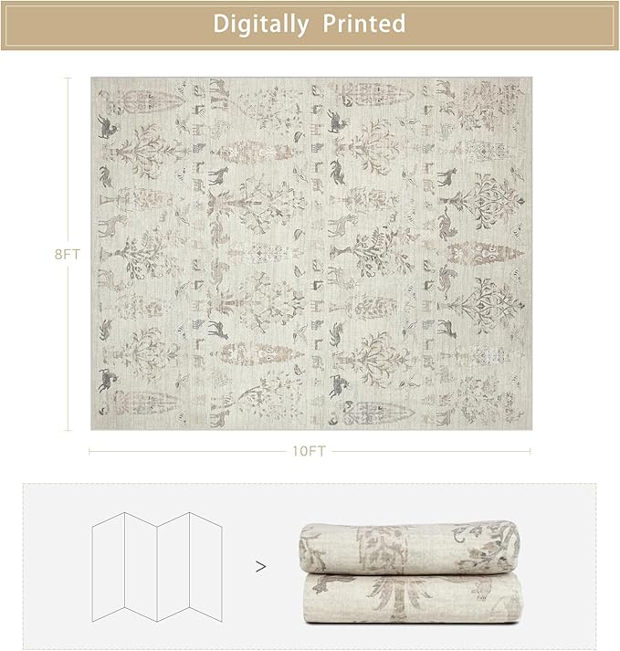 Srugn Washable Rugs 8x10 Area Rugs for Living Room,Bedroom,Dining Room- Large Ultra Soft Faux Wool Retro Carpet,Non Slip&Non-Shedding Low Pile Vintage Print Rug for Home Office Dorm Playroom-Brown