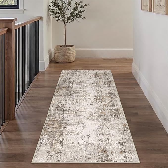 2x6 Washable Runner Rug Brown Grey Abstract Non Slip Soft Low Pile Hallway Kitchen Rug Neutral Modern Carpet for Laundry Bathroom Bedroom Living Room Home Decor