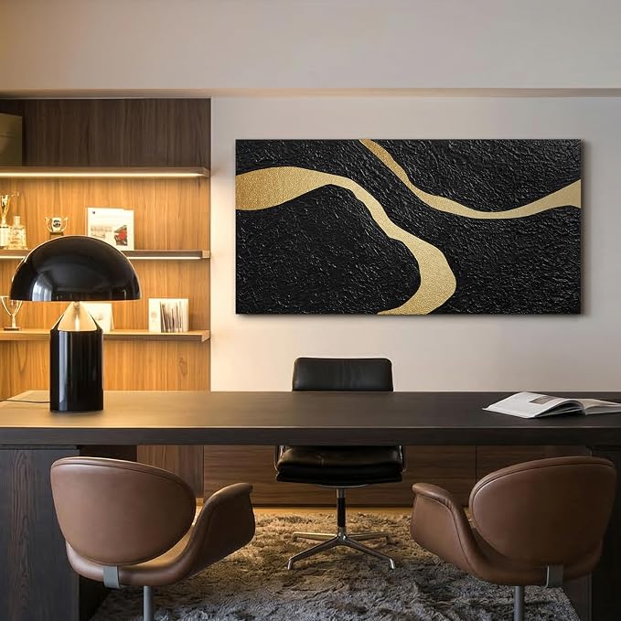 Large Horizontal Abstract Black & Gold Canvas Wall Art, Modern Wall Decor | Neutral Oil Textured Painting, Minimalist Contemporary Artwork for Living Room Bedroom Office Hallway Dining Room, 24x48 In
