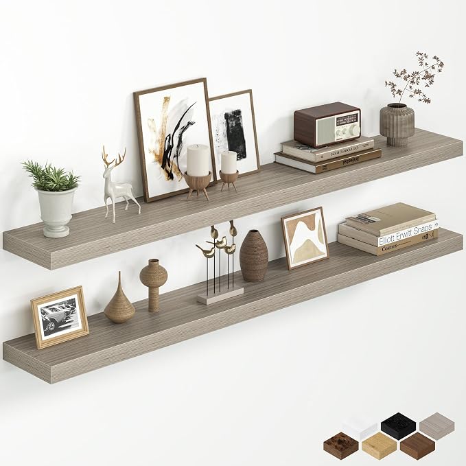 Fun Memories 55 Inch Floating Shelves for Wall, 8 Inch Deep Rustic Wood Wall Mounted Shelves with Invisible Brackets for Bathroom, Bedroom, Kitchen & Living Room Storage Decor, Grey, 2 Pack