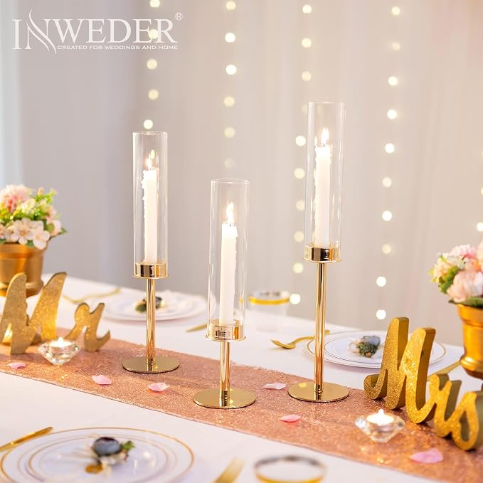 Hurricane Taper Candle Holders: Gold Glass Candlestick Holder Tall Candle Sticks Holder Decor with Glass Cover for Wedding Table Centerpiece Party Birthday Christmas Home Mantel Set of 6