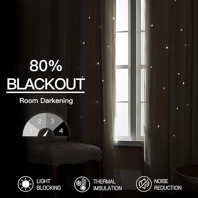 XiDi Beige Curtains with Sheer Overlay for Living Room Bedroom 2 Panels Star Hollow Out 80% Blackout Double Layer Curtains for Kids Girls Room Darkening Grommet Window Drapes with Tiebacks W52 X L63