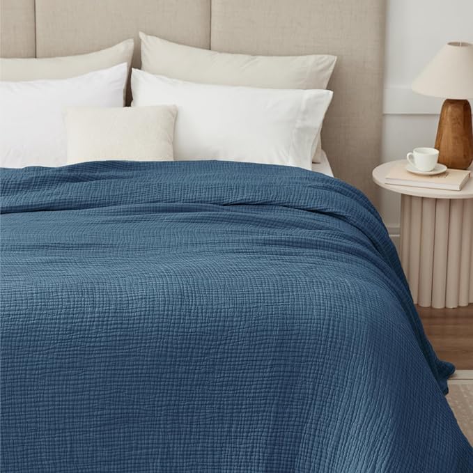 100% Cotton Muslin Blanket 40" x 40", Breathable and Lightweight Cotton Throw Blankets, Soft Cooling Summer Gauze Blanket for All Season, Blue