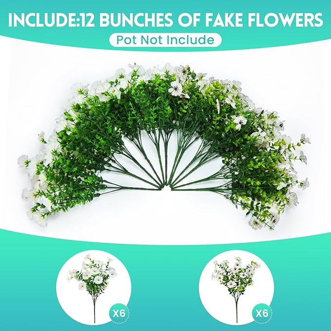 Hrobek Artificial Flowers for Outdoors Faux Plants Outside Indoor,Realistic UV Resistant Silk Fake Daisy Morning Glory for Home Patio Garden Back Yard Front Porch Decor Spring Summer(12 Bunches,White)