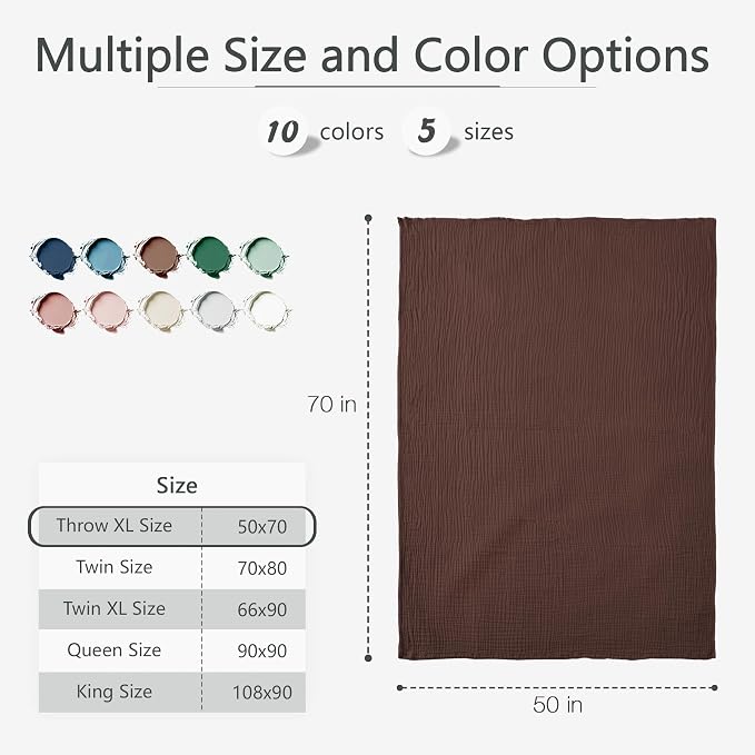 Carriediosa 100% Cotton Muslin Throw Blanket 50" X 70" Throw XL Size，4-Layers Summer Gauze Throws for Bed Couch，Soft Lightweight Breathable Linen Blankets Bedspread for Adults All Season，Dark Brown