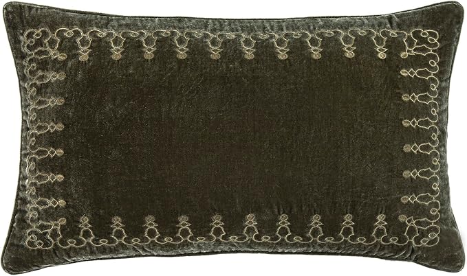 HiEnd Accents Stella Faux Silk Velvet Embroidered Lumbar Pillow, 14x24 inch, Fern Green, Romantic Western Modern Traditional Style Luxury Bedding, Decorative Throw Pillow