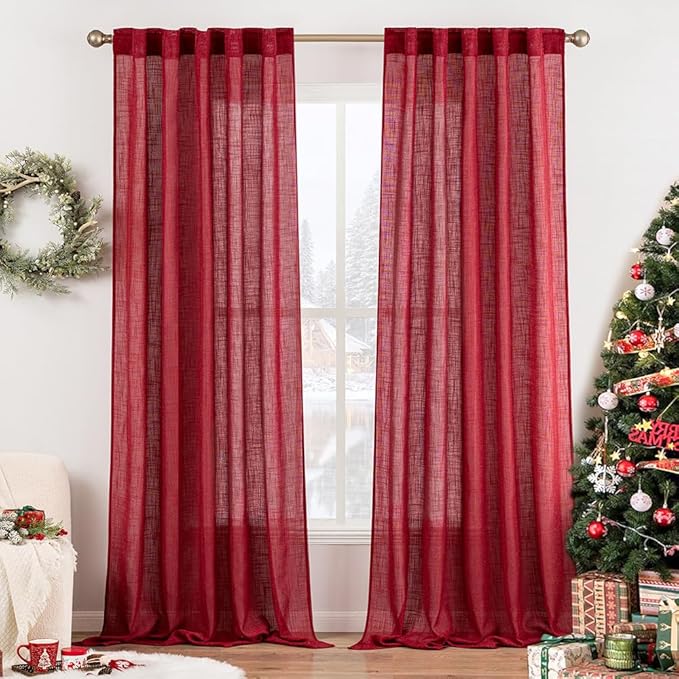 MIULEE Burgundy Red Linen Curtains 90 Inch Long for Bedroom Living Room, Soft Thick Linen Textured Window Drapes Semi Sheer Light Filtering Rod Pocket Back Tab Christmas Burlap Look, 2 Panels