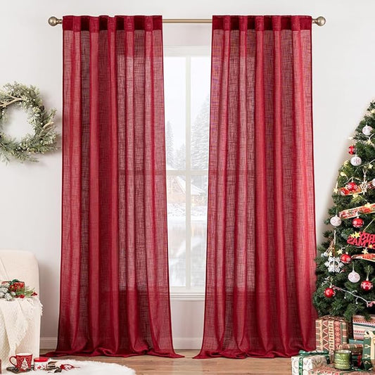 MIULEE Burgundy Red Linen Curtains 90 Inch Long for Bedroom Living Room, Soft Thick Linen Textured Window Drapes Semi Sheer Light Filtering Rod Pocket Back Tab Christmas Burlap Look, 2 Panels