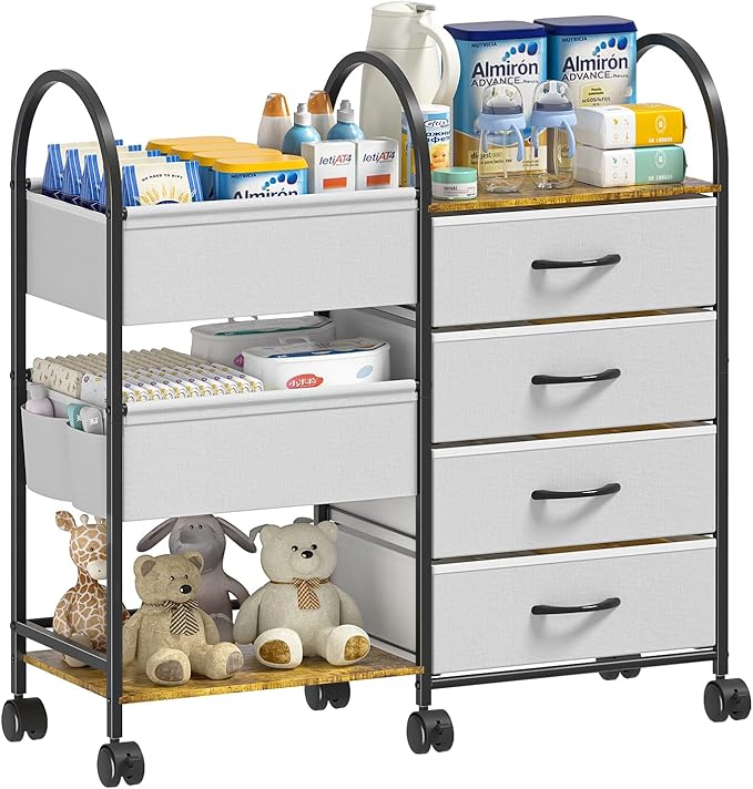 Baby Diaper Caddy Organizer Cart with Wheels, 4-Tier Rolling Diaper Cart with Dividers and Drawers, Multi-Layer Nursery Storage for Diapers & Baby Essentials