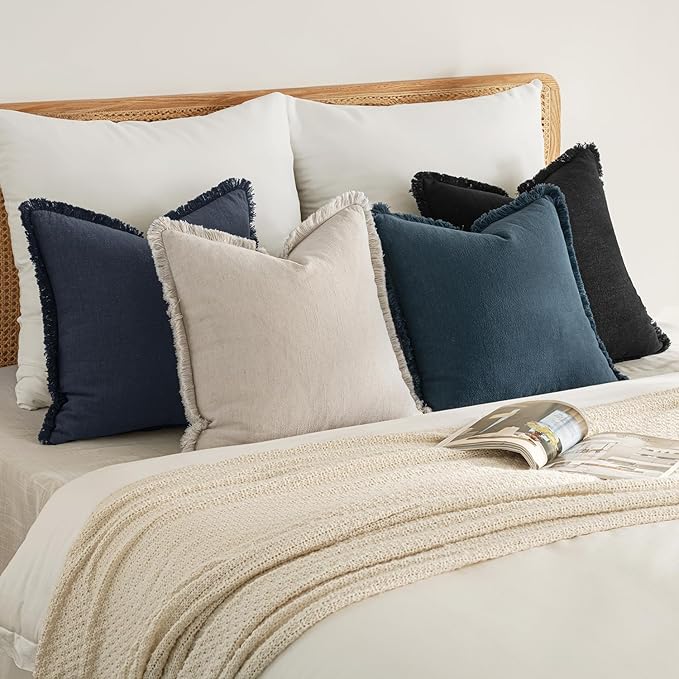 MIULEE Decorative Couch Pillow Covers Neutral Linen Fringe Throw Pillows Set of 4 Boho Farmhouse Cushion Modern Pillowcases for Bed Sofa Living Room Spring Home Decor 18x18 Inch Beige/Coastal Blue