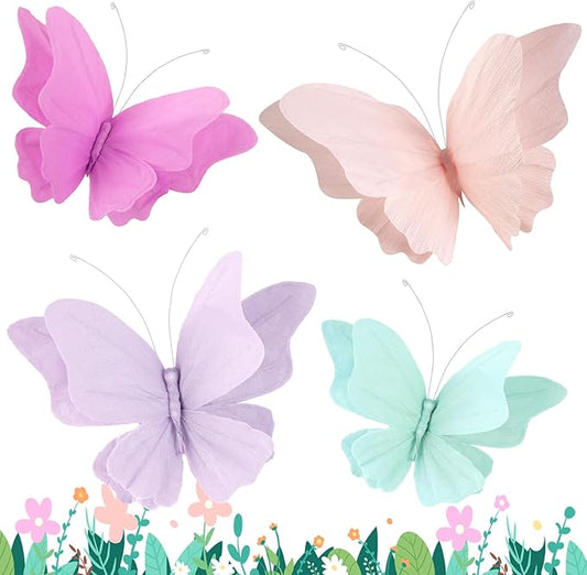 3D Hanging Butterfly Decorations, Butterfly Birthday Party Decorations, 4 Pcs Crepe Paper Butterfly Hanging Decorations for Girls, Women, Flower Garden Party Decorations