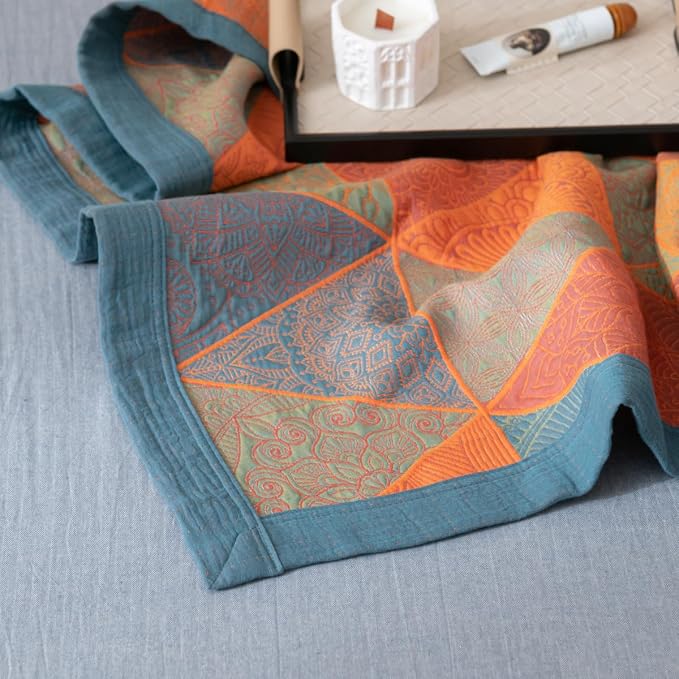 100% Cotton Muslin Blanket Jacquard Bohomian Mandala Triangle Quilt, Soft Bed Cover 3 Layers Reversible Bedspread Coverlet Breathable Lightweight Bedding Twin(59"x94"), No Pillow Sham