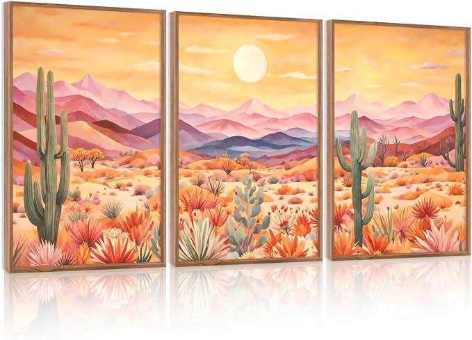 HOURIA 3Pcs Abstract Sunset Mountain Desert Cactus Canvas Wall Art (16"x24"), Vintage Southwest Landscape Arizona Wall Decor, Mid Century Modern Boho Wilderness Art Print for Office Farmhouse Living Room