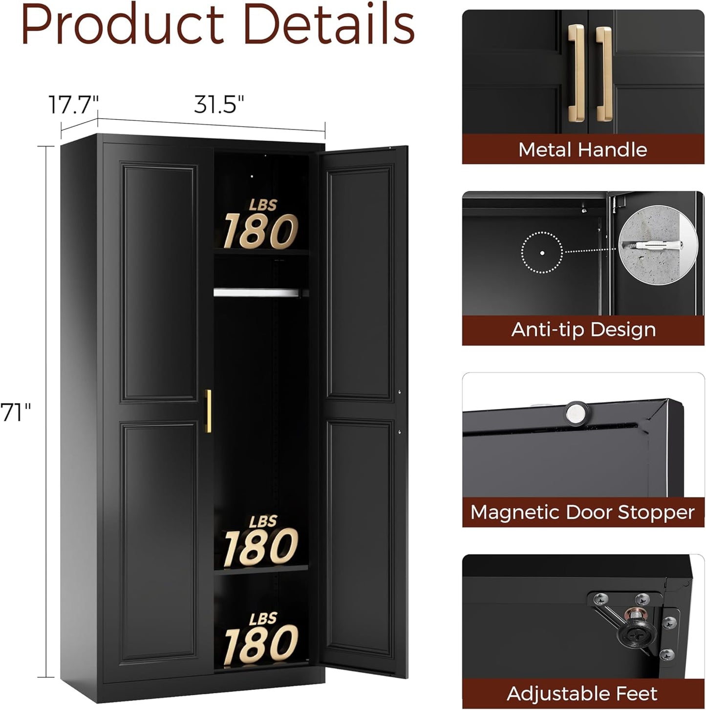 71" Metal Armoire Wardrobe Closet with 2 Doors, Tall Wardrobe Cabinet with Hanging Rod and Adjustable Shelves, Black Clothing Storage Cabinets for Bedroom, Laundry Room, Home Office