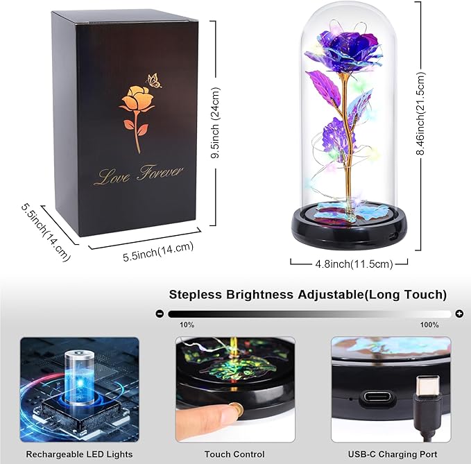 Mothers Day Flowers Gifts for Mom Birthday Gift Rechargeable Galaxy Glass Rose in Glass Dome Forever Crystal Rose Flowers Anniversary Mother's Day Roses Gifts for Daughter Wife Women Grandma Purple