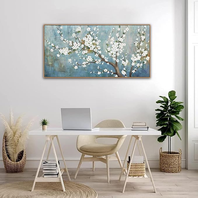 yearainn Framed Floral Tree Wall Art – White Flowers Green Leaves Branches Picture, Vintage Blue-Turquoise Background, Watercolor Artwork for Home Decor, Ready to Hang, Natural Wood Frame, 24" x 48"