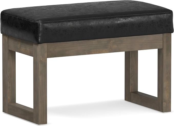 SIMPLIHOME Milltown Small Ottoman Bench - 27" Wide x 18" High Upholstered Vegan Leather Rectangle Footstool Ottoman in Distressed Black, Contemporary Bench for Bedroom with Cushioned Seat, Assembled