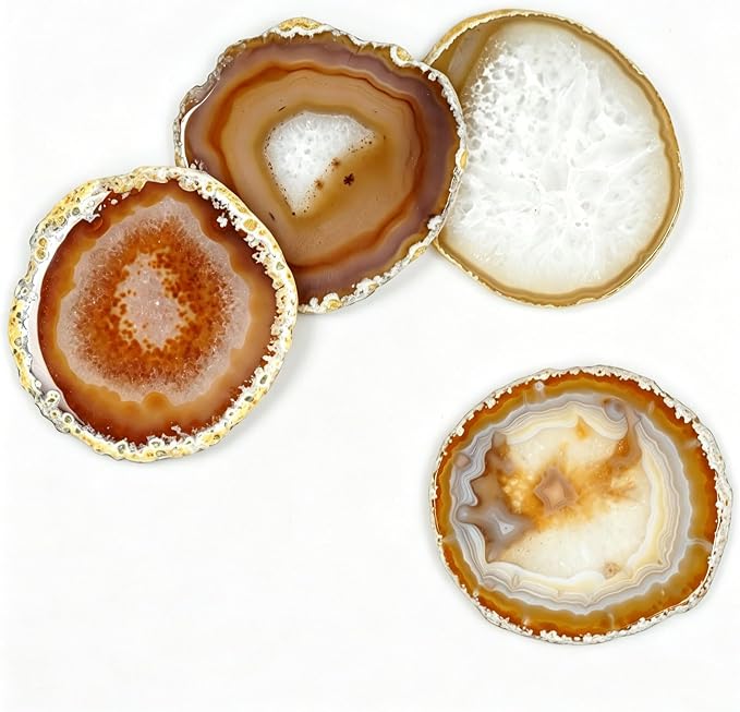 Agate Coasters Set of 4 3-4'',Crystal Geode Stone Coasters with Rubber Bumpers,Agate Slices for for Drink Home Decor, Coffee Table, Bar Accessories,Birthday Gift