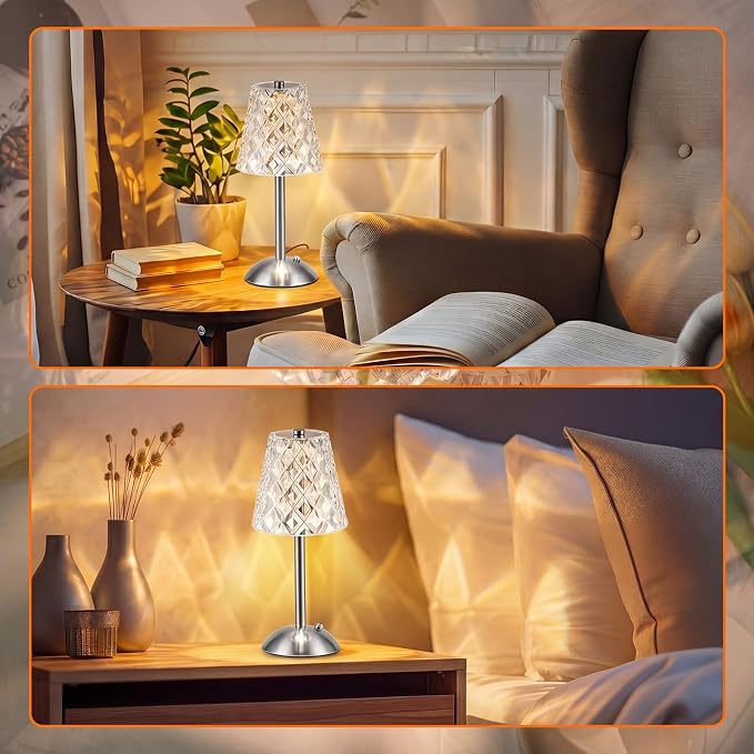 Liliful 2 Pcs Cordless Table Lamp Rechargeable Touch LED Small Gold Portable Battery Operated USB-c Desk Lamp 3 Color Dimmable for Bedroom Living Room Dining (Silver,Diamond Style)