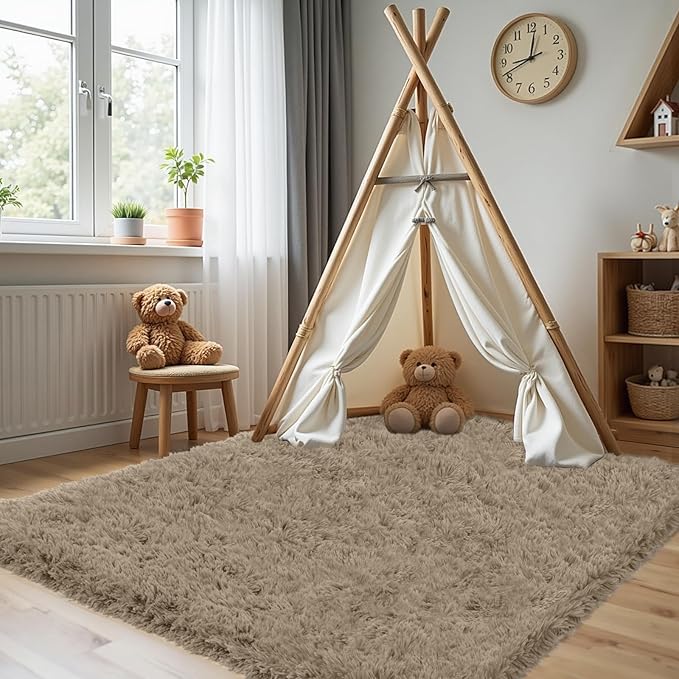 4x6 Area Rug for Living Room, Ultra Soft Fluffy Shag Rugs for Bedroom, Non-Slip Large Fuzzy Plush Rug Indoor Floor Carpet for Nursery Kids Office Dorm Modern Decor, Gray Camel