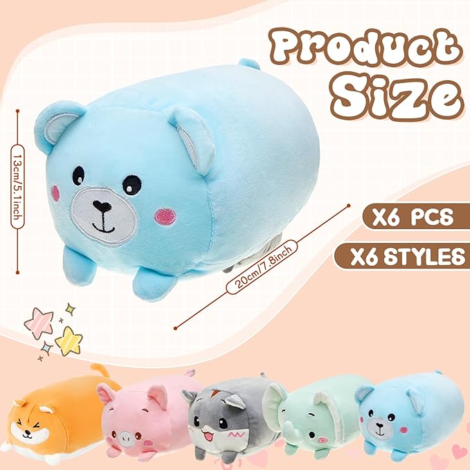 Leitee 6 Pcs Stuffed Animals Plush Bulk 8 Inch Cute Plushies Toys Plush Pillow for Boys Girls Birthday Gifts Box Toys for Classroom Prize Kids Party Favors Valentines Gifts in Bulk (Cute Animal 2)