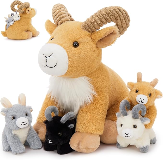 MorisMos 5Pcs Goat Stuffed Animal, 15inch Mommy Goat Plush with 4 Baby, Wlid Stuffed Toys Gifts for Kids, Girls, Boys